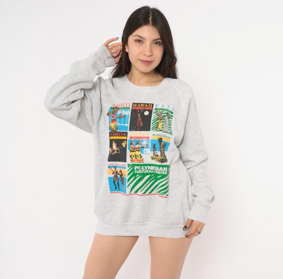90s Polynesian Sweatshirt Grey Souvenir Graphic Hawaii Tahiti Fiji Cotton Pullover Raglan Sleeve Gray Travel Cultural Extra Large XL