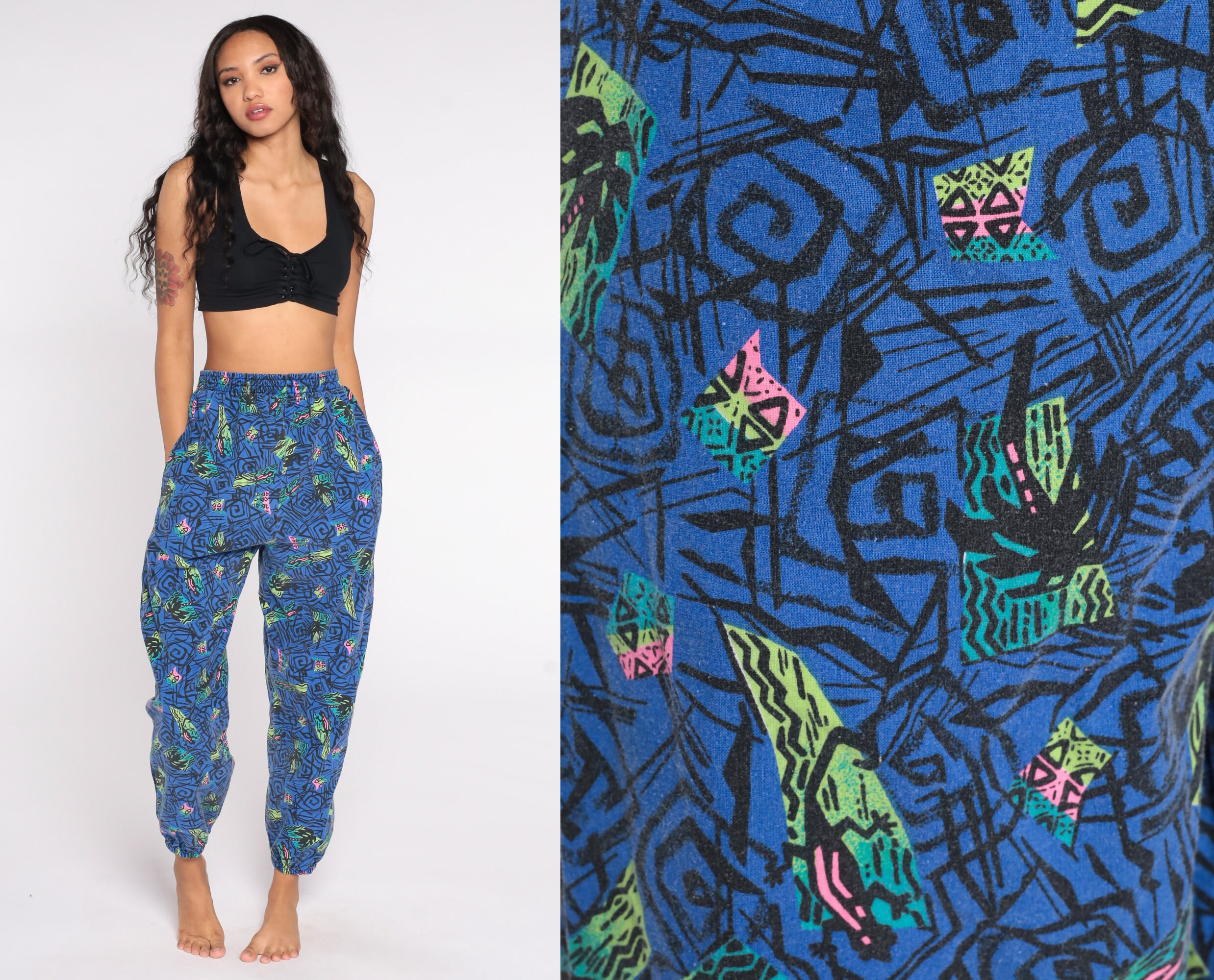 80s Baggy Pants Neon Indigo Tropical 