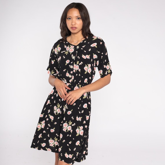 90s Black Floral Dress Pink Daisy Print Button Front Short Sleeve Rayon Acetate Midi Fit Flare Summer Cottagecore Day Dress Small Medium
