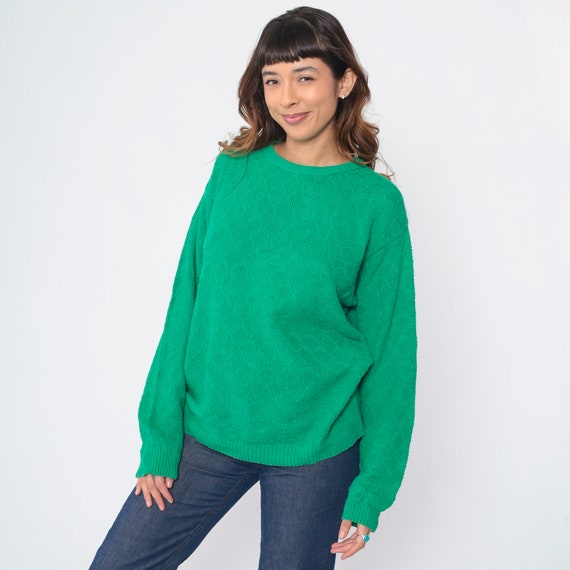 80s Diamond Knit Sweater Green Sweater Slouchy Knit Textured Sweater 1980s Jumper Vintage Plain Acrylic Normcore Retro Large L