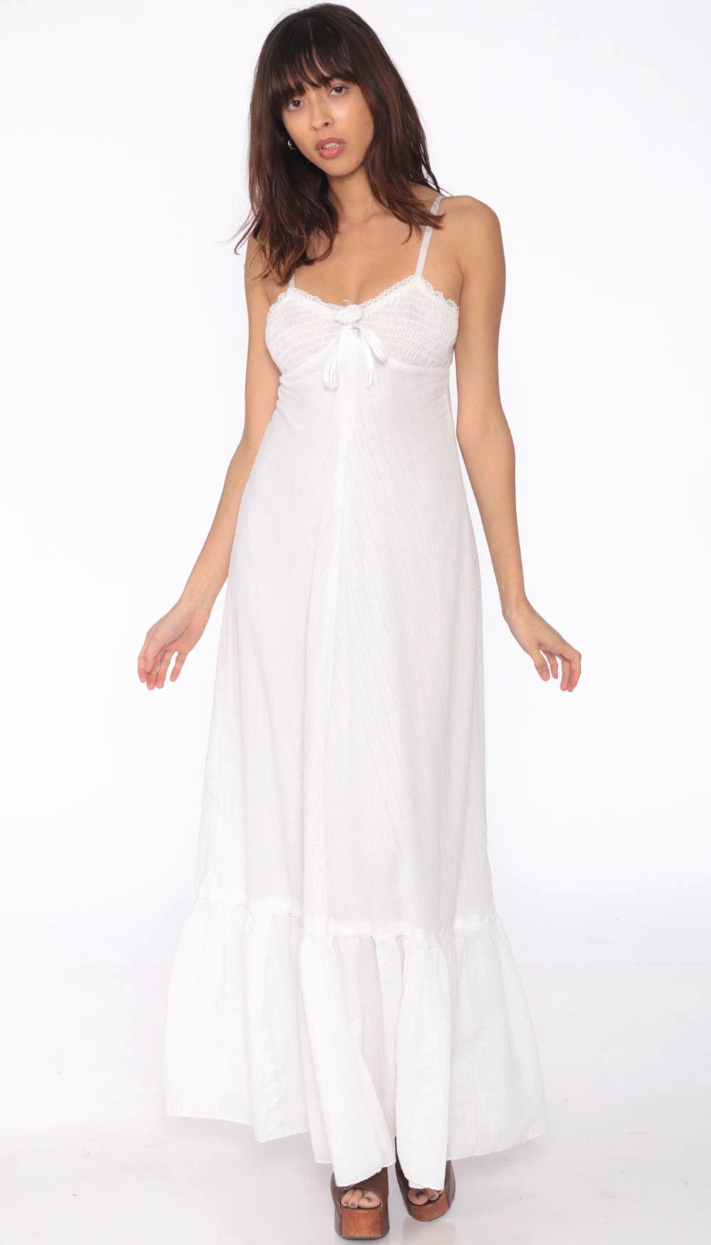 White Sun Dress Maxi Dress 70s Bohemian Jody T Empire Waist Bohemian