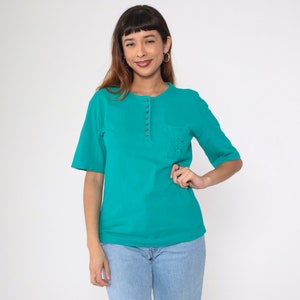 Teal Henley Tee 90s Floral Embroidered T-Shirt Green Short Sleeve Top Flower Embroidery Button Up Blouse Summer TShirt Vintage 1990s Small image 2