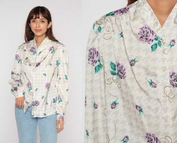 Houndstooth Floral Blouse 90s Button Up Shirt Checkered Rose Flower Print Long Sleeve Secretary Top White Grey Purple Vintage 1990s Medium M