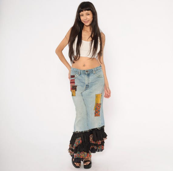 Patchwork Denim Maxi Skirt Ruffle Hem Light Wash Jean Mermaid Floral Prairie Bohemian Free People Cotton Distressed Raw Edge 28 Small S
