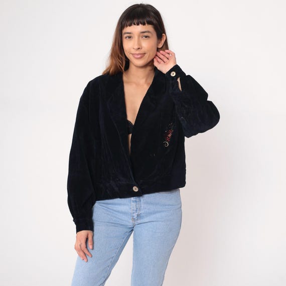 Black Velvet Cardigan 90s Cotton Embroidered Button Front Jacket Long Sleeve Vintage Dark Academia Minimalist Blazer Style Autumn Medium M