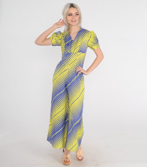 70s Jumpsuit Psychedelic Pantsuit Groovy Purple Yellow Striped Print Wide Leg Puff Sleeve Empire Waist One Piece Pants Vintage 1970s XS