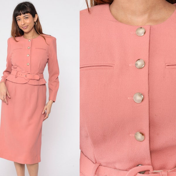 Pink Secretary Dress 80s Twofer Attached Jacket Dress Midi Button Up Shirtwaist Long Sleeve High Waisted Belt Vintage 1980s Small 6 Petite