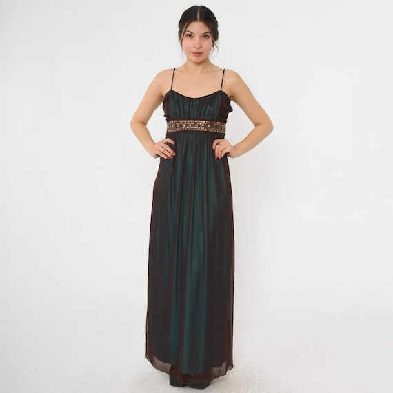 Y2K Sheer Mesh Party Dress Vintage Teal Brown Sequin Beaded Formal Maxi Spaghetti Strap Ruched Bust Party Empire Waist Sleeveless Medium 8