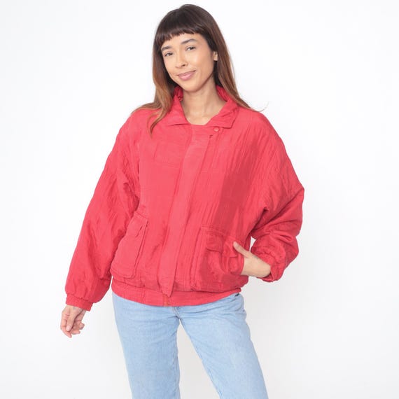 90s Red Silk Bomber Jacket Quilted Zip Front Tomato Color Pockets Ribbed Cuffs Vintage Windbreaker Track Jacket Spring Outerwear Medium M