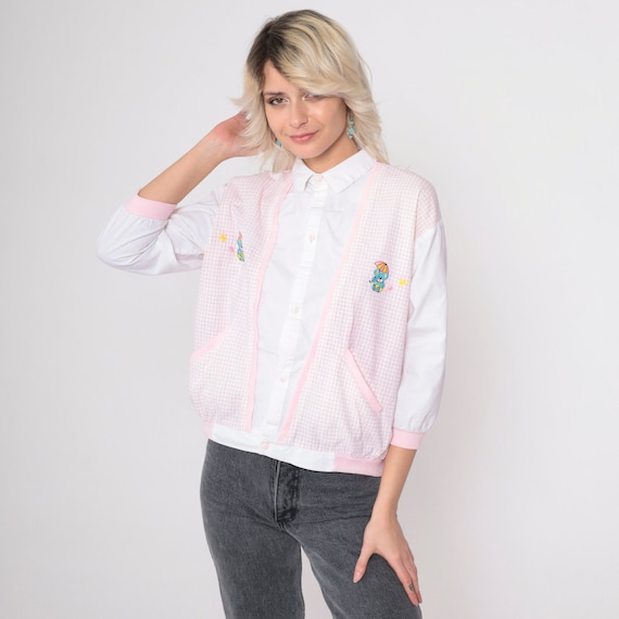 80s Twofer Blouse Checkered Teddy Bear Button Up Shirt 3/4 Sleeve Retro Attached Vest Top 2fer Collared Pink White Vintage 1980s Medium
