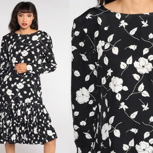 80s Floral Dress Black White Print Drop Waist Dress Pleated Tiered Embossed Midi Dress 90s Long sleeve Vintage Liz Claiborne Medium