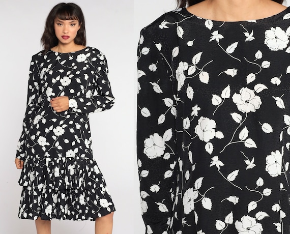 80s Floral Dress Black White Print Drop Waist Dress Pleated Tiered Embossed Midi Dress 90s Long sleeve Vintage Liz Claiborne Medium