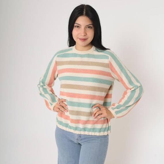 80s Striped Sweater Pastel Knit Sweater Slouch 1980s Vintage Pullover Retro Cream Peach Pink Seafoam Blue Long Raglan Sleeve Small