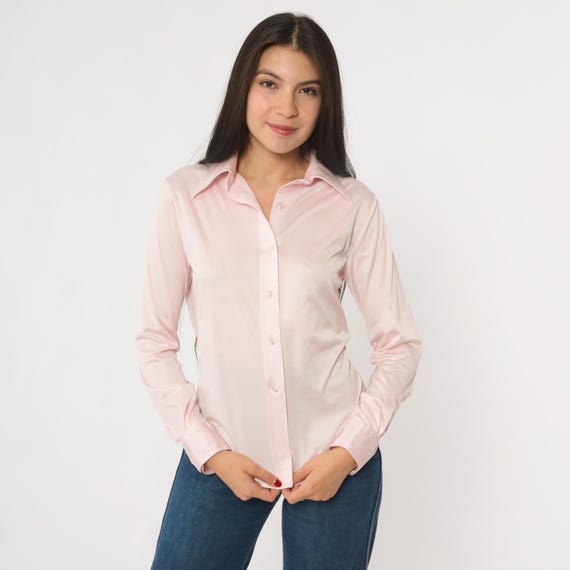 70s Pink Blouse Dagger Collar Shirt Pink Button Up Shirt Long Sleeve Top Disco Shirt 1970s Collared Plain Blouse Solid Medium M