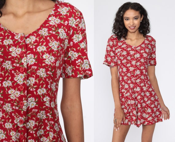 Red Floral Romper 90s Grunge Floral Playsuit Short