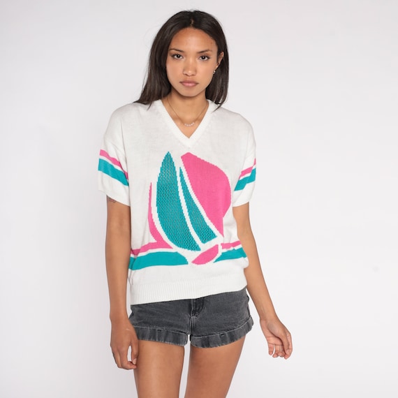 Sailboat Shirt 80s Nautical Sweater Top Knit Blouse Short Sleeve Cutout Yacht White Pink Blue Sailor Retro V Neck Vintage 1980s Small S