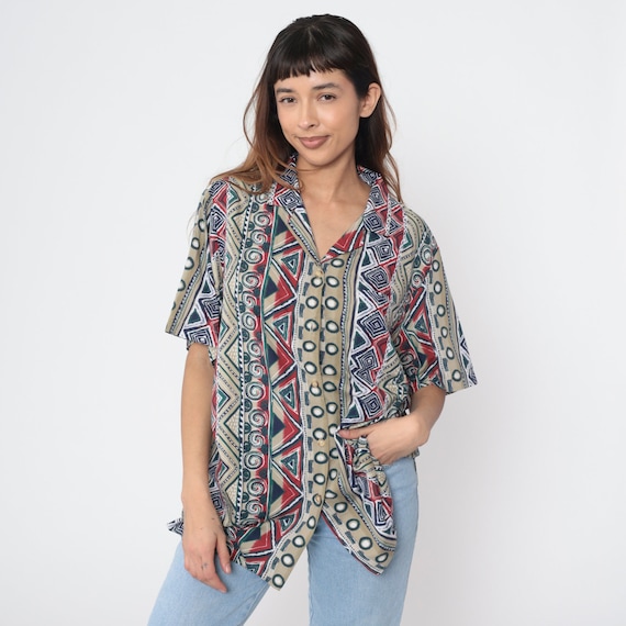 Striped Southwest Shirt 90s Button Up Southwestern Blouse Aztec Top Green Red Beige Geometric 1990s Vintage Short Sleeve Extra Large xl