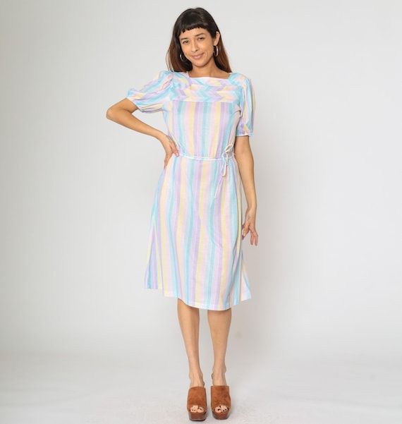 80s Pastel Striped Dress Puff Sleeve Midi Rainbow Kawaii Puffy High Waisted Hippie Vintage Secretary Lavender Blue Blouson Small Medium