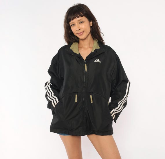 90s Adidas Windbreaker Black Olive Three Stripe Hooded Zip Front Jacket Nylon Shell Rain Coat Drawstring Waist Track Medium M