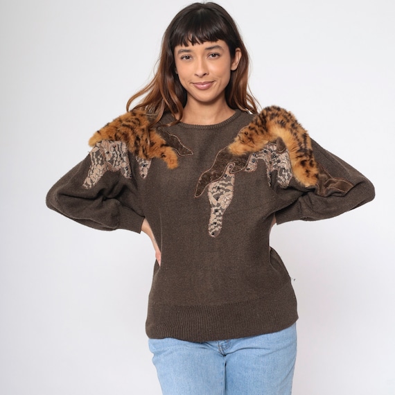 Faux Fur Beaded Sweater 80s Brown Beaded Dolman Sleeve Sweater Tiger Lace Trim Pullover Sweater 1980s Knit Retro Crewneck Vintage Medium