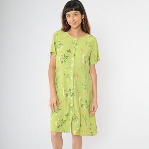 90s Lime Green Floral Dress Vintage Flower Button Up Dress Knee Length Midi Short Sleeve Grunge High Waist 1990s Large 14