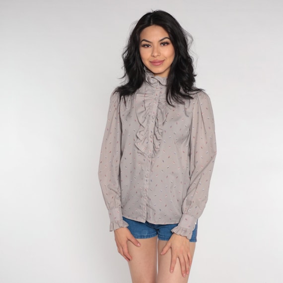 Ruffle Neck Blouse 80s Grey Puff Sleeve Button up Tuxedo Shirt Stripe Print Victorian Top Modest Preppy Secretary Top Vintage 1980s Small S