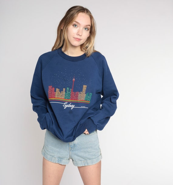 Sydney Sweatshirt Y2K Australia Sweatshirt City Skyline Tower Graphic Crewneck Retro Tourist Navy Blue Raglan Sleeve Vintage 00s Small S