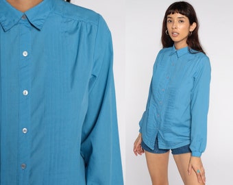 80s Blue Shirt -- Vintage Pleated Top 80s Button Up Shirt Retro Blouse 1980s Long Sleeve Plain Basic Blouse Medium 36