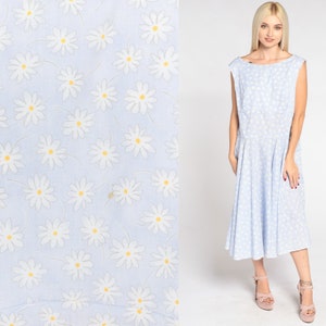 Daisy Print Dress 90s Blue Floral Midi Dress High Waisted Low Back Sleeveless Summer Sundress Flower Vintage 1990s Cotton Large