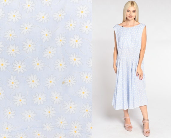 Daisy Print Dress 90s Blue Floral Midi Dress High Waisted Low Back Sleeveless Summer Sundress Flower Vintage 1990s Cotton Large