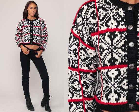Norwegian Sweater FAIR ISLE Cardigan 90s Hippie Boho Nordic Sweater Cropped Vintage Bohemian Ethnic Black White Red Button Up Small