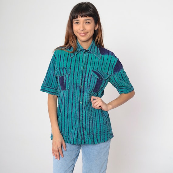 Ikat Striped Shirt 90s Green Indigo Blue Top Oxford Vintage Hippie Boho Short Sleeve Button Up Chest Pocket Dagger Collar Small Medium