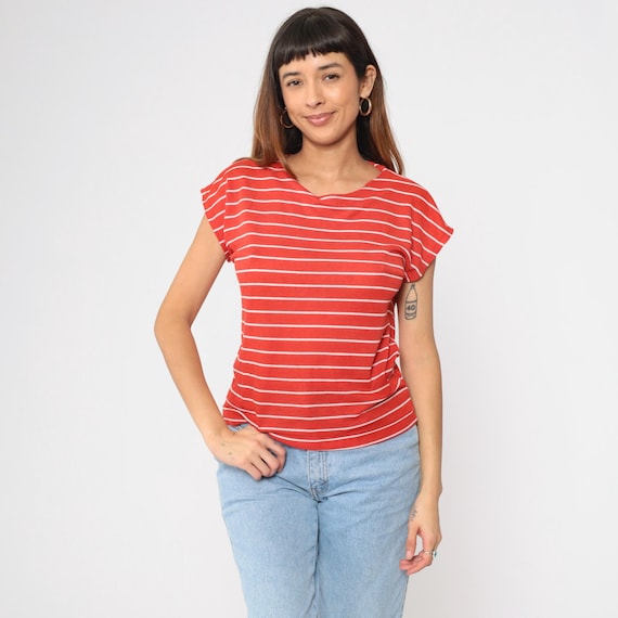 80s Red Striped Shirt Vintage Cap Sleeve T-Shirt Retro Top Basic Casual Blouse White Stripes Minimalist 1980s Small Medium