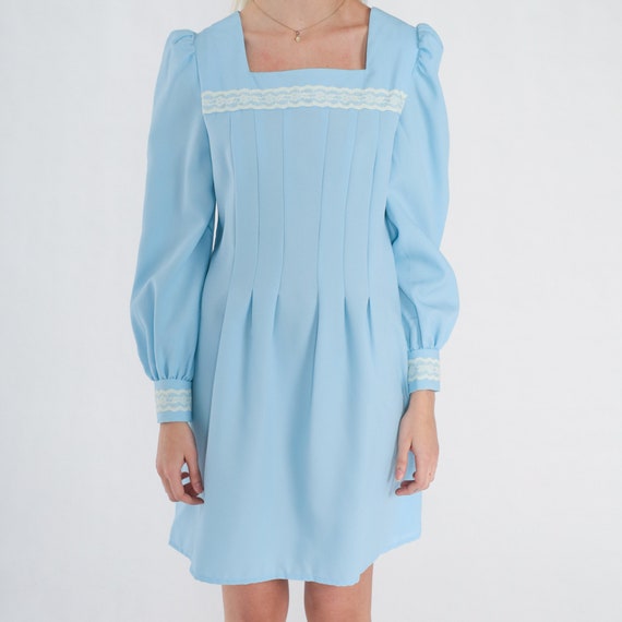 Blue Mini Dress 70s Puff Sleeve Pleated Dress Lac… - image 9