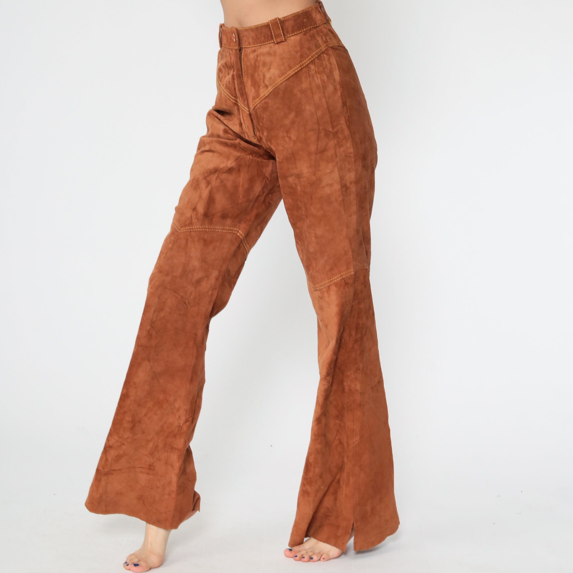 Leather Bell Bottom Pants 70s SUEDE Pants Brown Boho Hippie Pants High ...