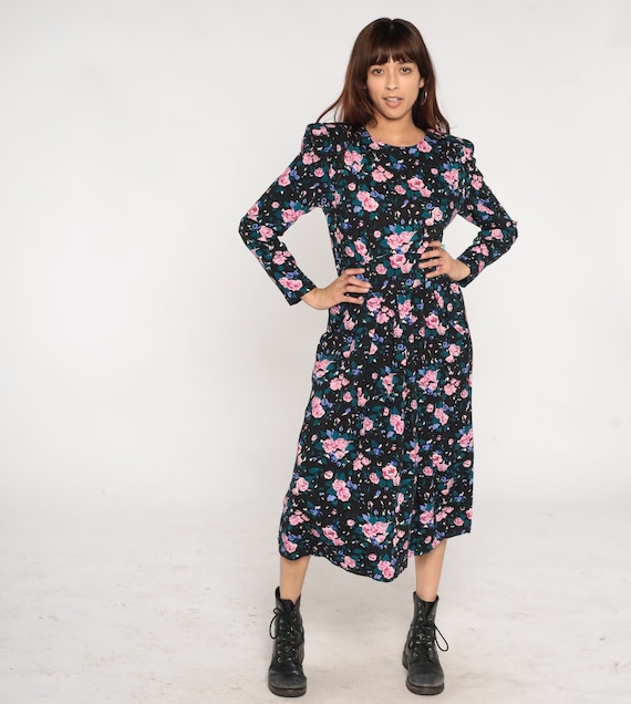 90s Flower Dress Black Grunge Dress Ditsy Floral Midi Dress Boho Flowy High Waist Long Sleeve Power Shoulder Pink Vintage 1990s Medium 10