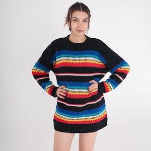 80s Striped Sweater Black Pullover Knit Sweater Retro Crewneck Jumper Blue Red Yellow White Acrylic Bright Colorful Vintage 1980s Small S