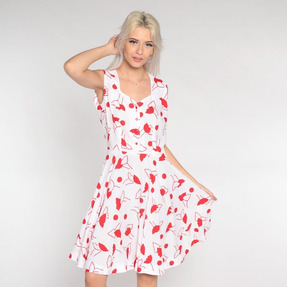 White Floral Dress 80s Mini Dress Red Flower Print Sundress Button up Sleeveless Queen Anne Neckline Day Sun Retro Vintage 1980s Small S