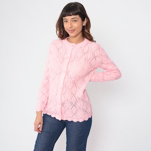 Vintage Baby Pink Pointelle Cardigan 80s Button up Knit Sweater Open Weave Cutout Boho Pastel Grandma Cut Out Spring Acrylic 1980s Medium M