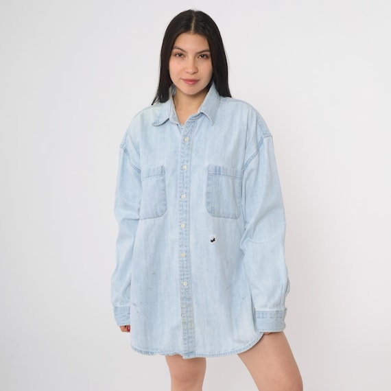90s Denim Shirt Light Blue Distressed Cotton Grunge Chambray Button Down Faded Worn Relaxed Alternative Large L