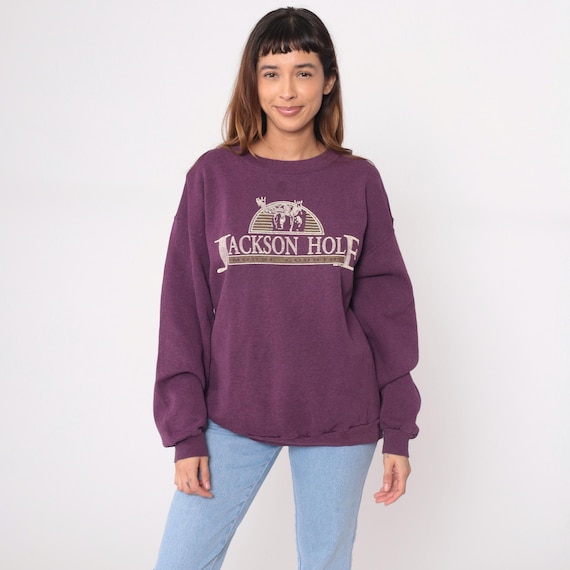90s Purple Sweatshirt Jackson Hole Moose Graphic Crewneck Cotton Vintage Burgundy Maroon Pullover Lodge Ski Resort Wyoming Extra Large XL
