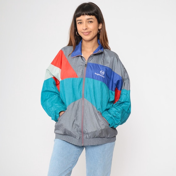 Vintage Sergio Tacchini Jacket 80s 90s Color Block Windbreaker Gray Blue Red Nylon Zip Up Track Jacket Italy Korea Sportswear Size 40 XL