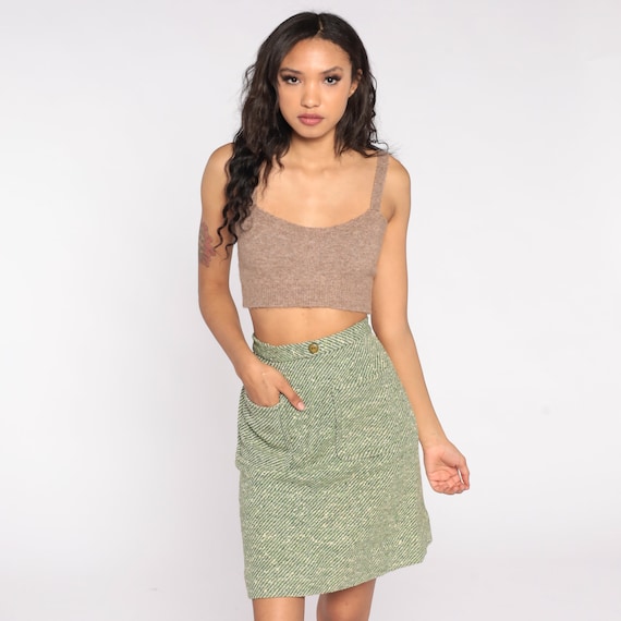 60s Mini Skirt Green Striped Wool Blend Skirt High Waisted 70s Preppy Skirt Retro Vintage Pocket Skirt Woven Skirt Extra Small xs 0