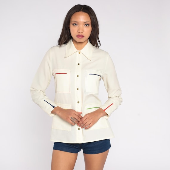 70s Cream Shacket Zip Down Shirt Colorful Stitch Detail King James California Long Sleeve Western Utility Sheer Minimal Blouse Medium M