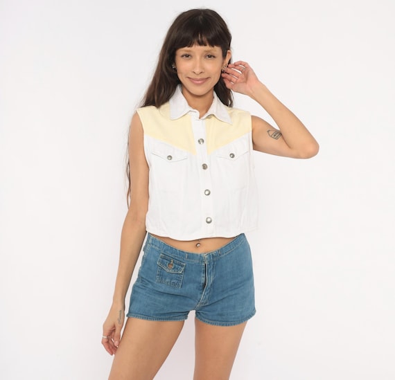 90s Western Vest White Yellow Gingham Sleeveless Crop Top Silver Concho Cotton Collared Shirt Cowgirl Prairie Cottagecore Country Medium M