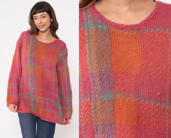 90s Checkered Sweater Pink Wool Mohair Blend Knit Sweater 1990s Vintage Bloomingdales Fuzzy Pullover Orange Blue Crewneck Sweater Medium