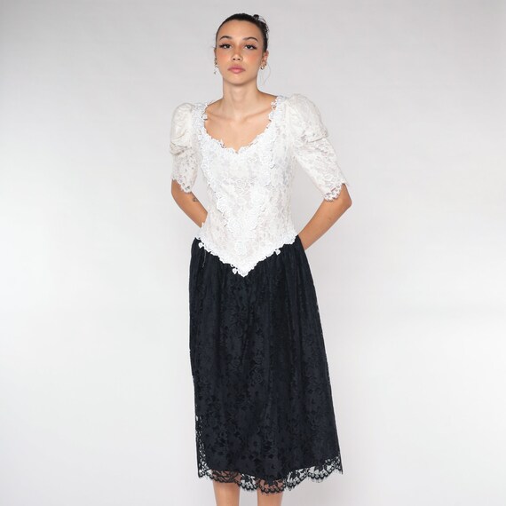 80s Party Dress Lace Midi Dress Black White Puff Sleeve Dress Prom Goth Prom Formal Basque Waist Fit & Flare Cocktail Vintage 1980s Small S
