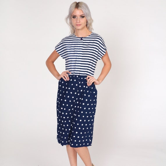 80s Day Dress Polka Dot Striped Midi Dress Blue White Busy Print High Waisted Short Sleeve Knee Length Casual Vintage 1980s Small Petite