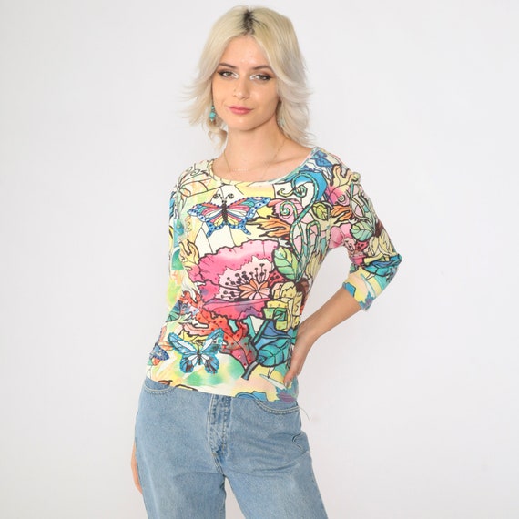 90s Sequin Butterfly Blouse Flower Print T-Shirt Sparkly Botanical 3/4 Sleeve Top 1990s Vintage Floral Baby Tee Small S