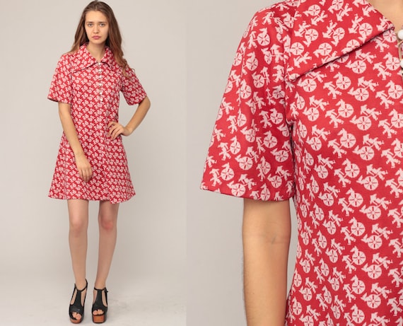 Mod Dress Hippie Shift Mini RICKSHAW PRINT 70s Boho Novelty Print Dress Vintage Button Up Red Minidress Bohemian Festival Dolly Large